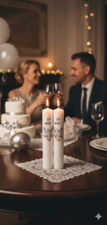 Lumanari Nunta Scurte / Lumanari Cununie Scurte - Lumânări Nunta de Argint – Model Porumbei și Verighete – 25 Ani