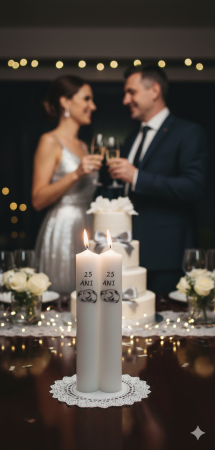 Lumanari Nunta Scurte / Lumanari Cununie Scurte - Lumânări Nunta de Argint – Model Porumbei și Verighete – 25 Ani