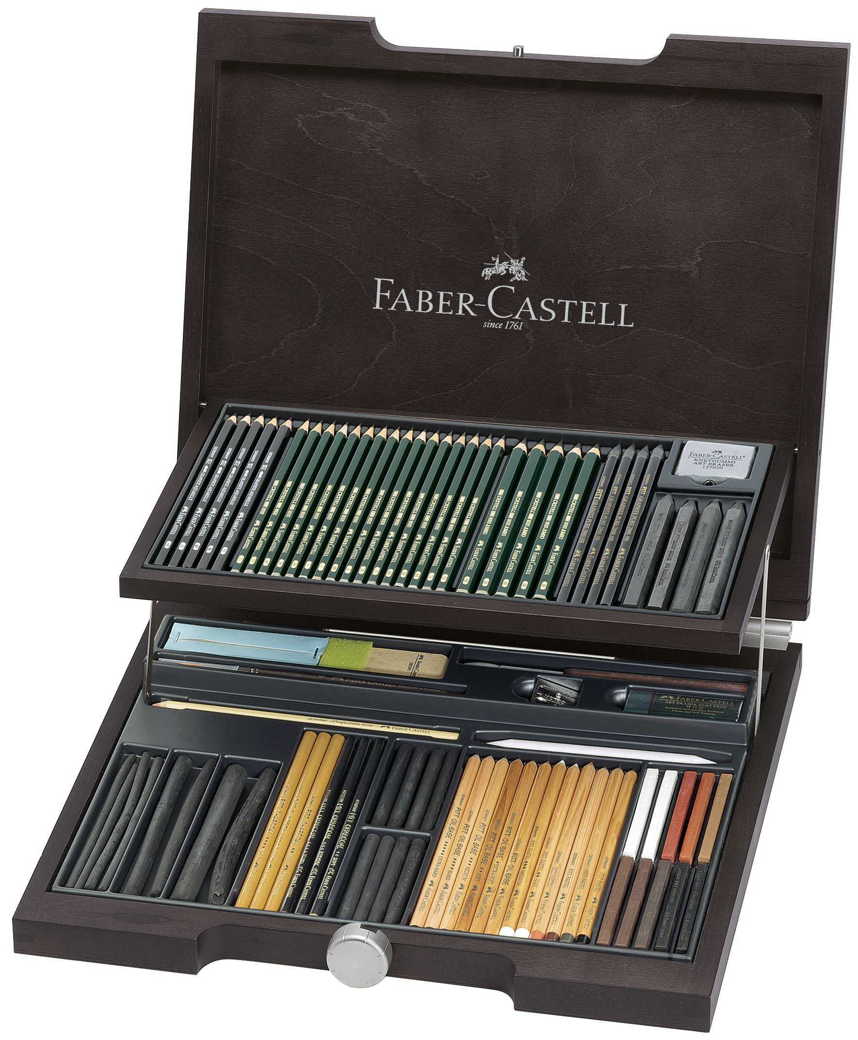Figurine de pictat, Ipsos, Lemn, Polistiren - Cutie lemn 95 bucati pitt monochrome 2 faber-castell