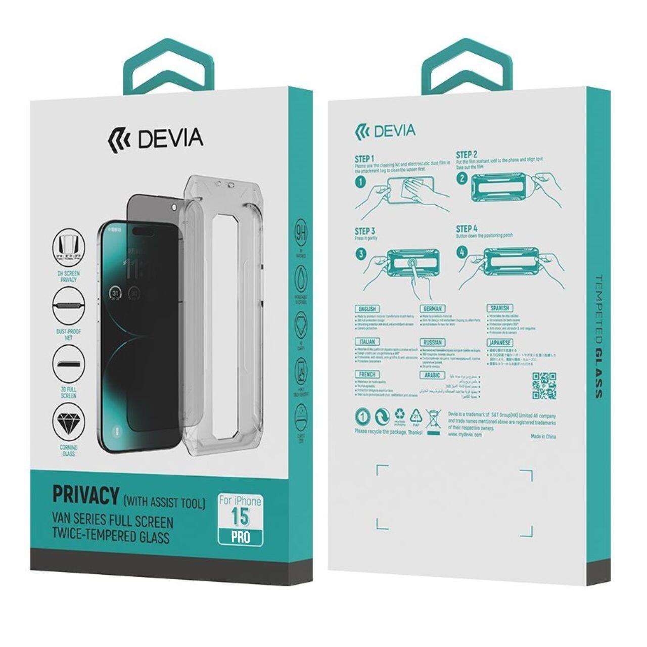 Devia Folie Sticla Van Series Full Privacy iPhone 15 Pro, cu kit montare Negru [4]