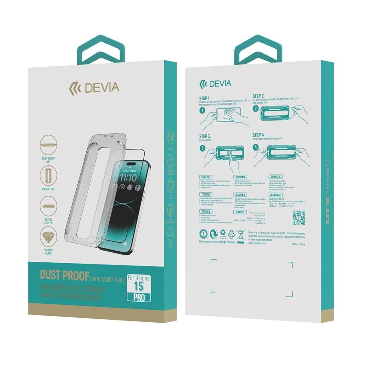 Devia Folie Sticla Van Series Full Screen Ultra-Thin iPhone 15 Pro, cu kit montare Transparent [5]