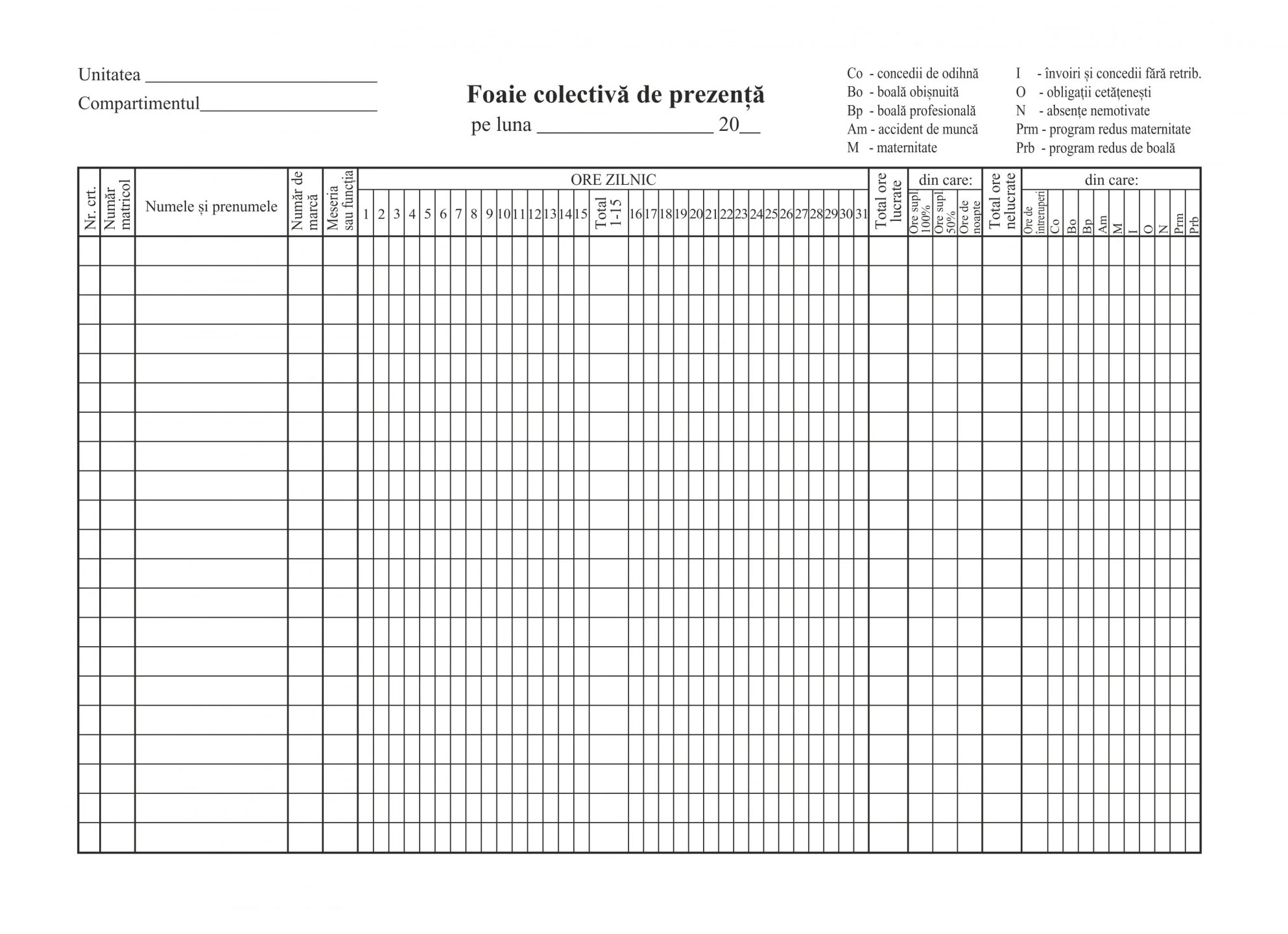 Registre și cuburi de hârtie - Foaie colectiva de prezenta