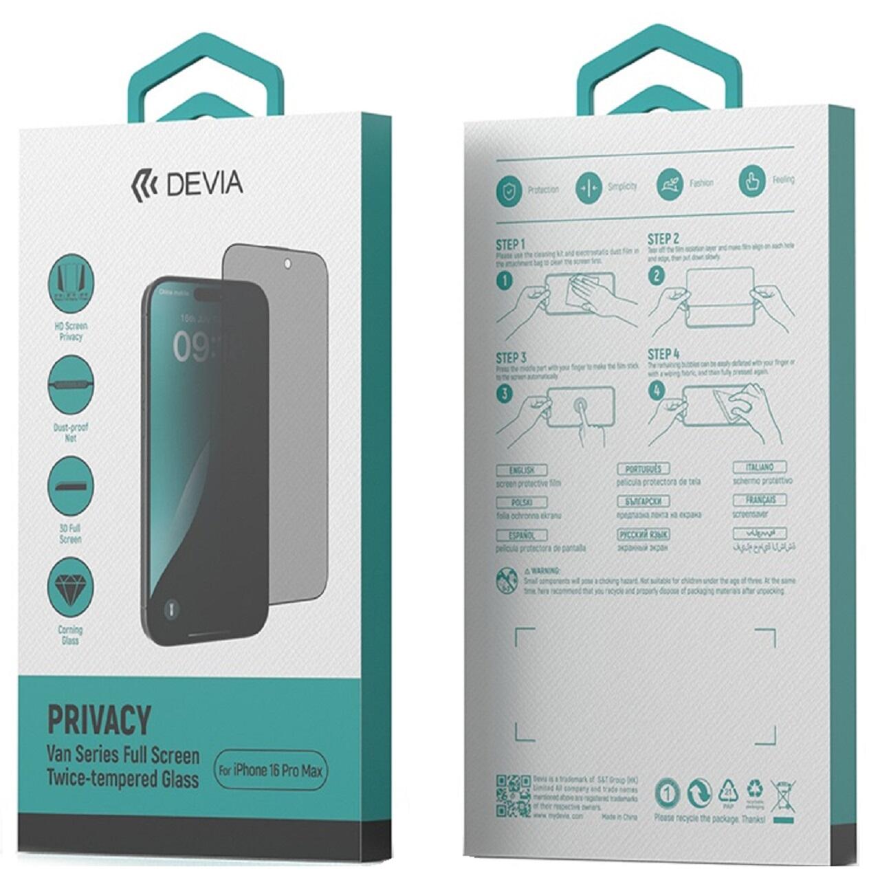Devia Folie Sticla Van Series Full Screen Privacy Twice iPhone 16 Pro Max Negru [5]