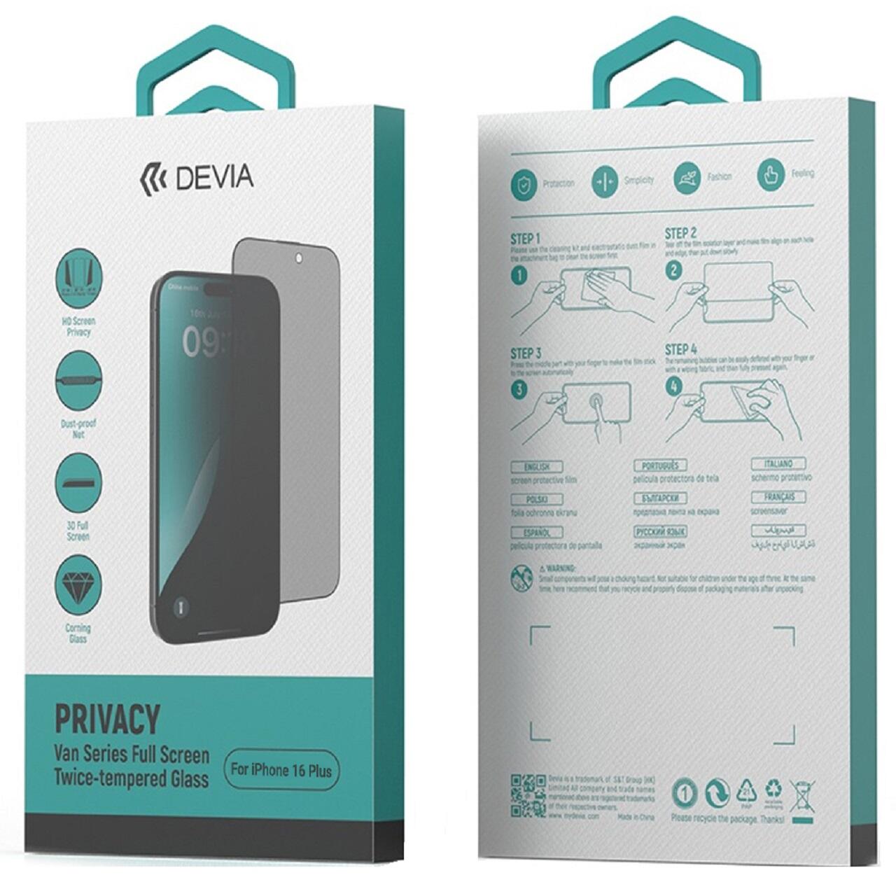 Devia Folie Sticla Van Series Full Screen Privacy Twice iPhone 16 Plus Negru [5]