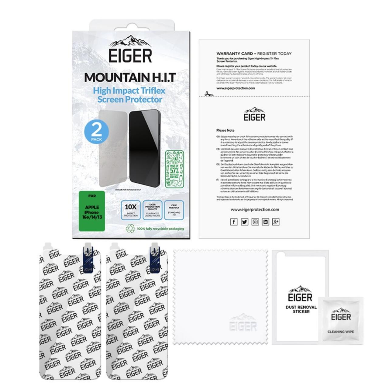 Eiger Folie Clear Triflex H.I.T GRS  iPhone 17e / iPhone 16e / iPhone 14 / iPhone 13 / iPhone 13 Pro, pachet de 2 buc, Clear [2]