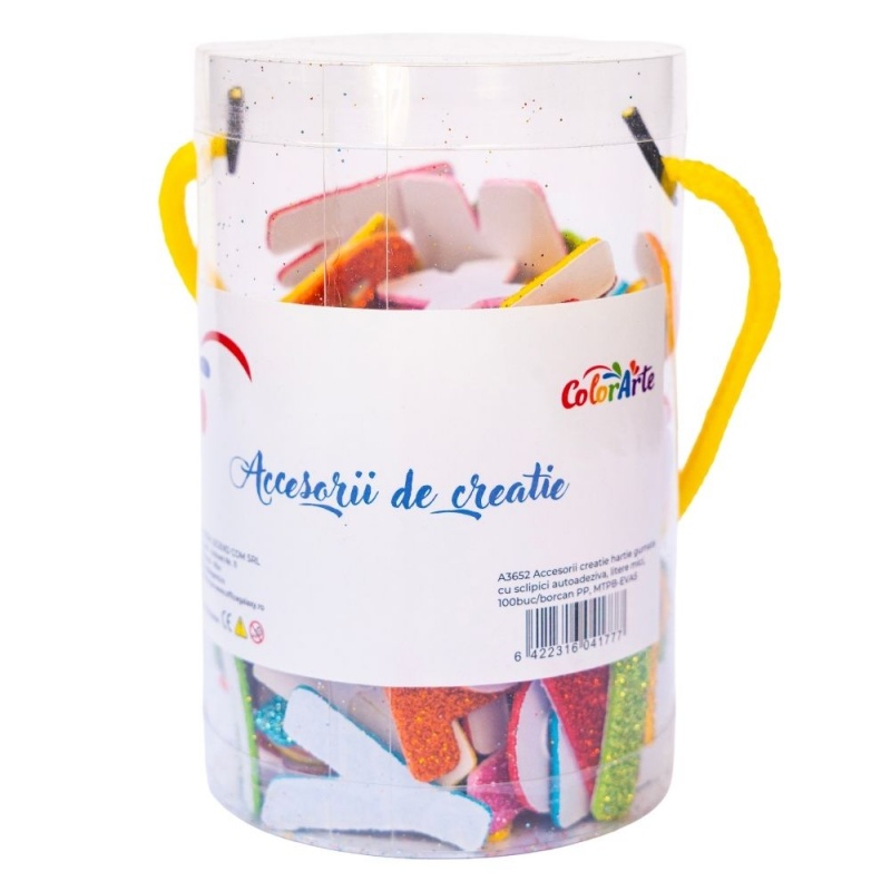 Birotică și Papetărie - Forme decorative - hartie gumata autoadeziva - litere mici, diverse culori, cu sclipici, set 100 buc, Colorarte, MTCR-EVA5