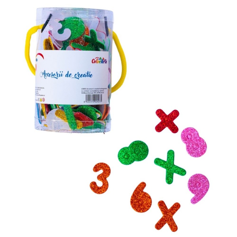Forme decorative - hartie gumata autoadeziva - numere / figuri, diverse culori, cu sclipici, set 100 buc, Colorarte, MTCR [1]