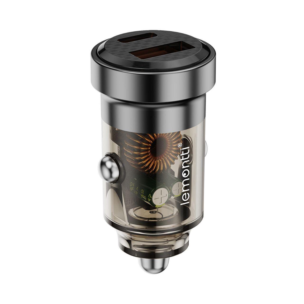 Lemontti Incarcator Auto Fast Charge 45W 2 porturi PD Type-C 45W + USB-A QC 3.0 Transparent / Negru [3]