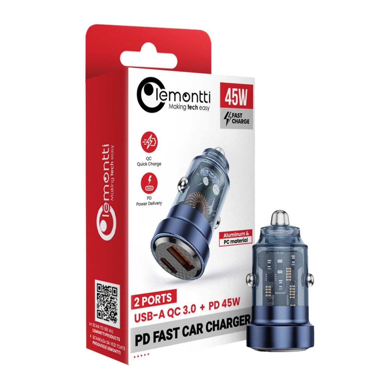Lemontti Incarcator Auto Fast Charge 45W 2 porturi PD Type-C 45W + USB-A QC 3.0 Transparent / Albastru [1]