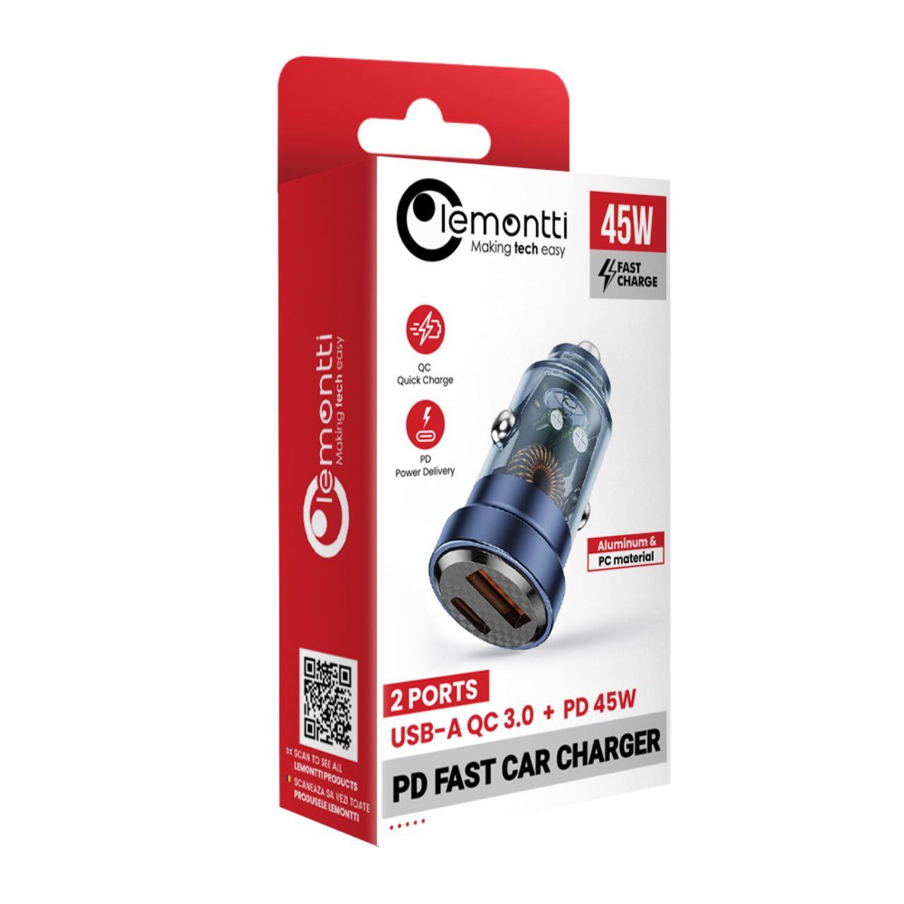 Laptop, Tablete & Telefoane - Lemontti Incarcator Auto Fast Charge 45W 2 porturi PD Type-C 45W + USB-A QC 3.0 Transparent / Albastru