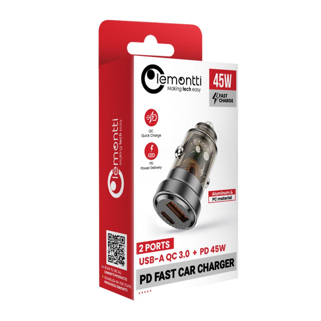 Laptop, Tablete & Telefoane - Lemontti Incarcator Auto Fast Charge 45W 2 porturi PD Type-C 45W + USB-A QC 3.0 Transparent / Negru