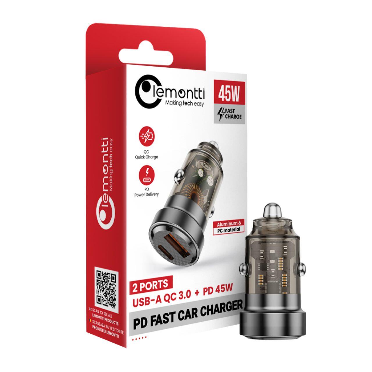 Lemontti Incarcator Auto Fast Charge 45W 2 porturi PD Type-C 45W + USB-A QC 3.0 Transparent / Negru [1]