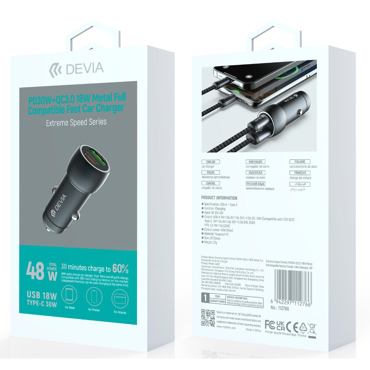Devia Incarcator Auto Extreme Speed Fast Charger PD30W + QC3.0, 18W, Gri [3]