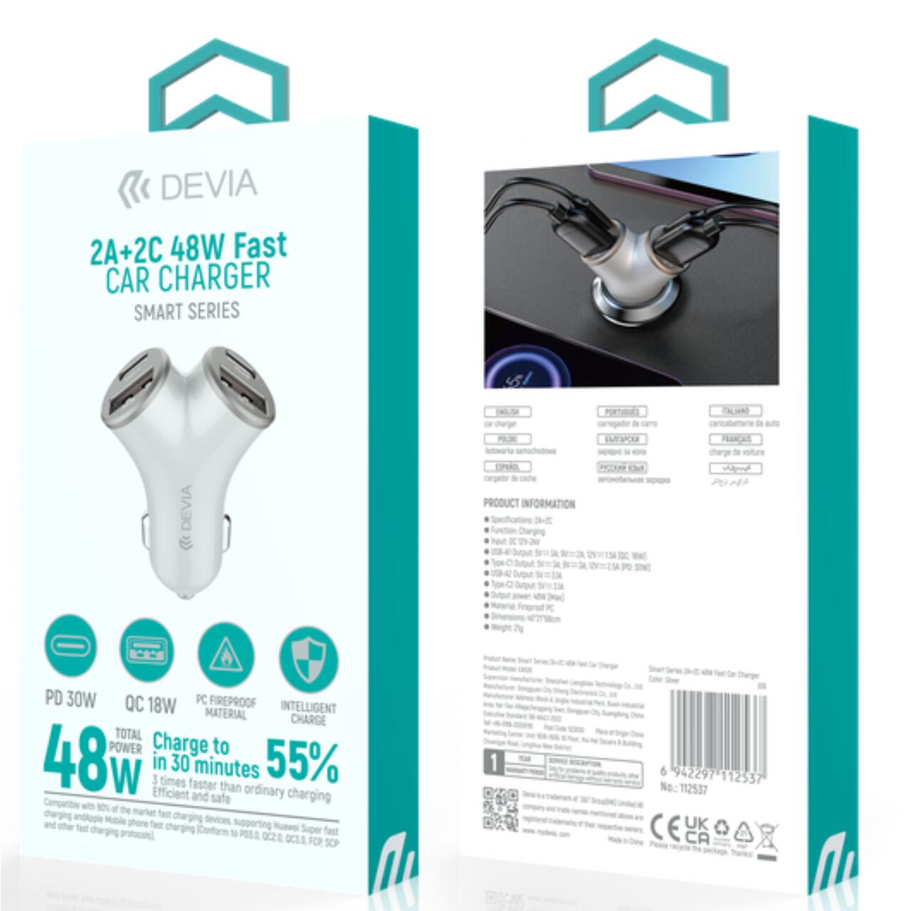 Devia Incarcator Auto Smart Series 2 x USB-A + 2 x Type-C, Fast Charger 48W QC3.0, Argintiu [2]