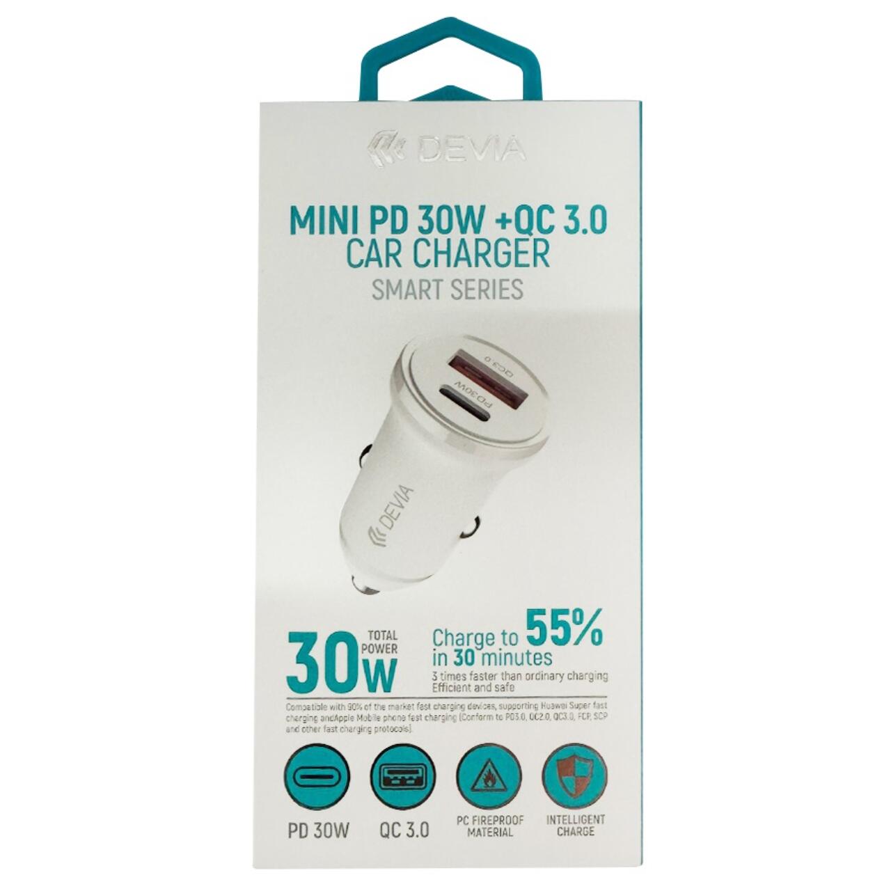 Devia Incarcator Auto Smart Series Mini PD 30W +QC 3.0 1 x USB-A + 1 x Type-C, Alb [3]