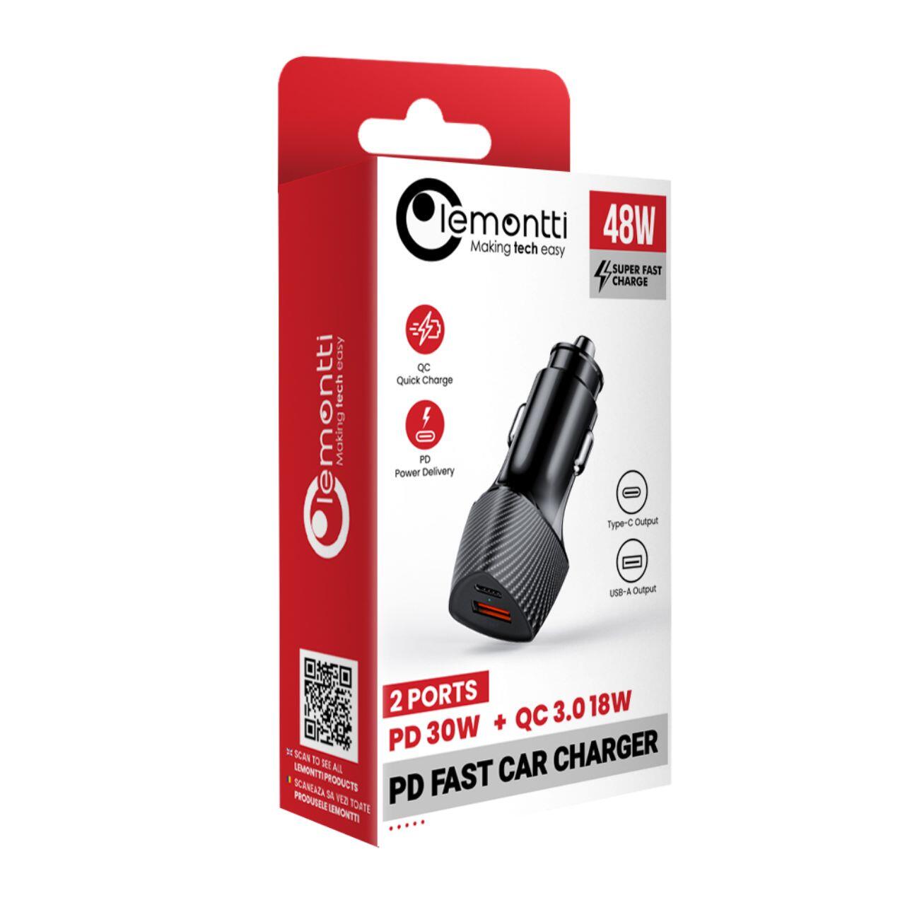 Lemontti Incarcator Auto Super Fast Charge 48W 2 porturi PD Type-C 30W + USB-A QC 3.0 Negru [4]