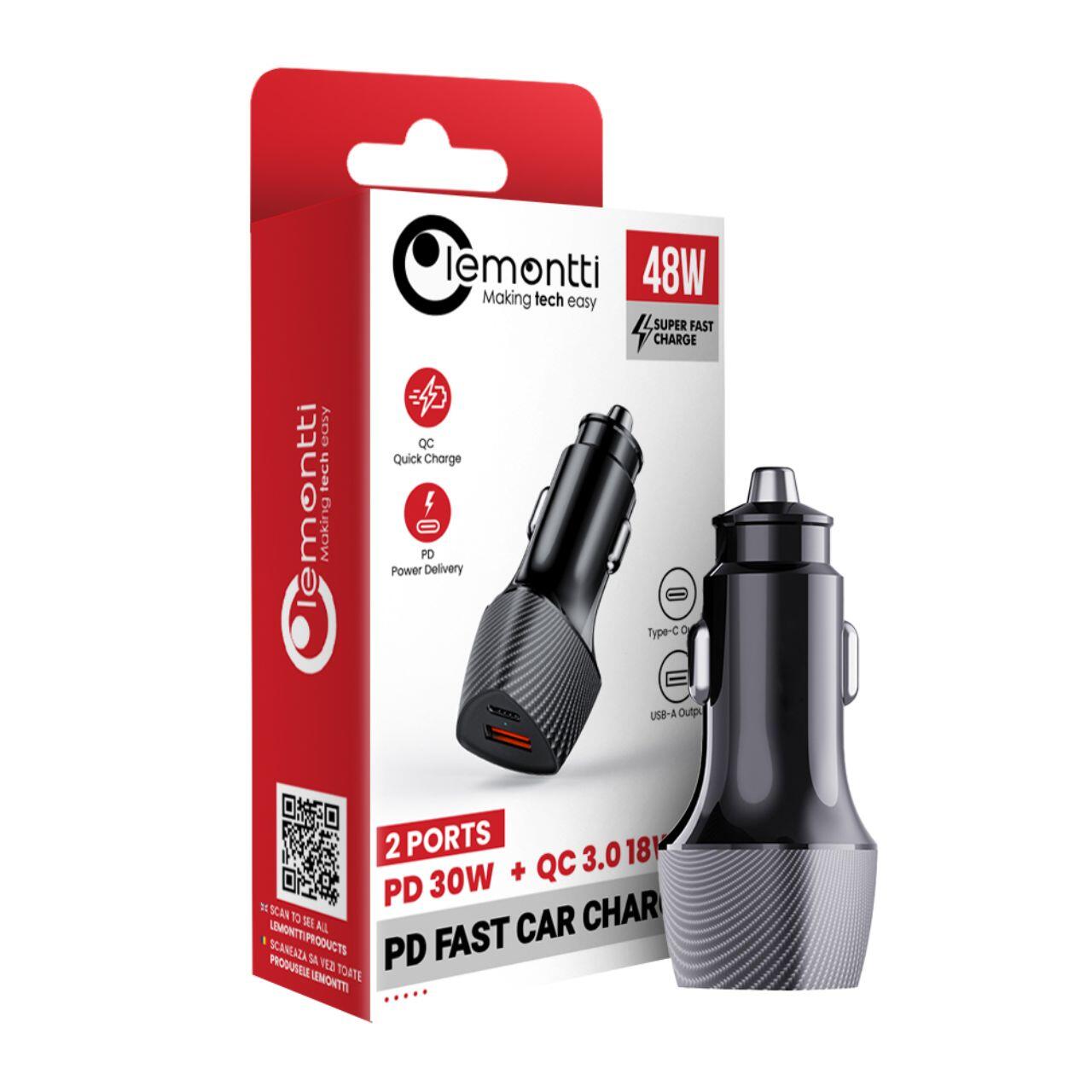 Lemontti Incarcator Auto Super Fast Charge 48W 2 porturi PD Type-C 30W + USB-A QC 3.0 Negru [5]