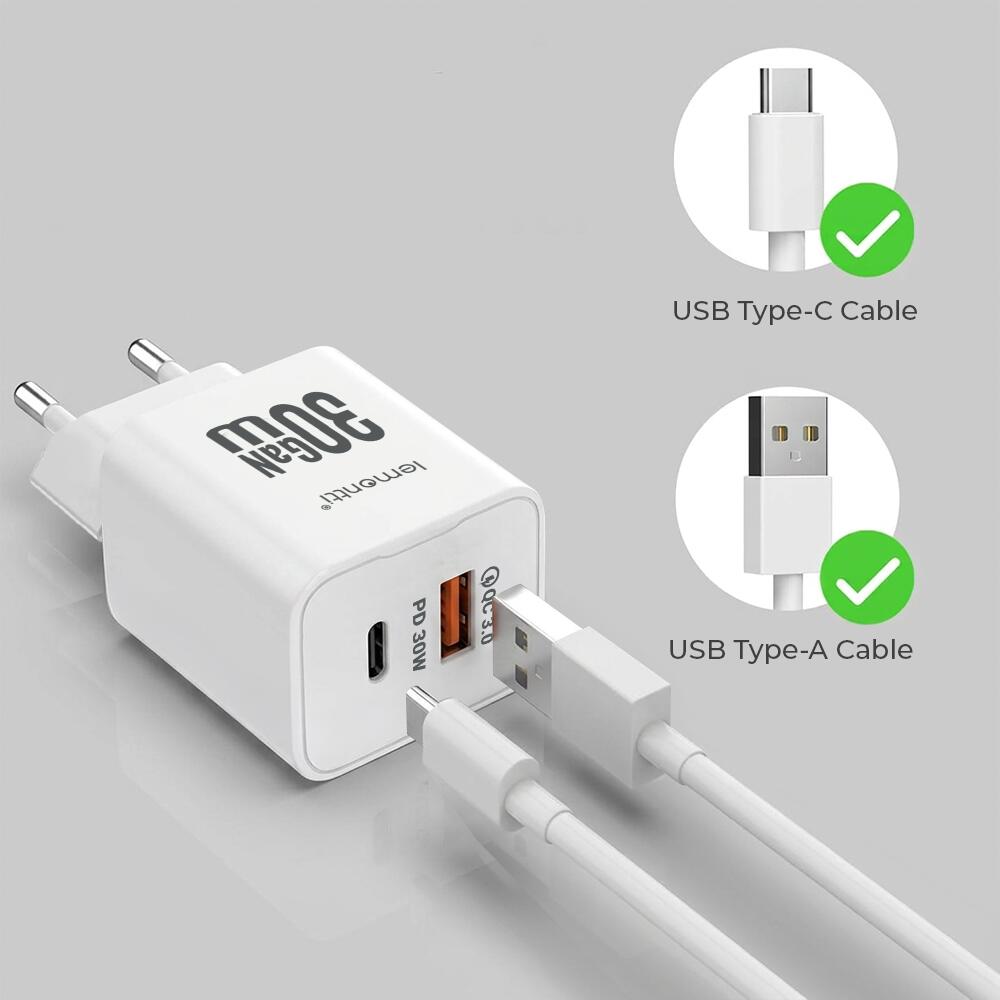 Lemontti Incarcator Retea GaN Dual Port 1x Type-C si 1x USB-A, 30W, EU Plug, Alb [8]