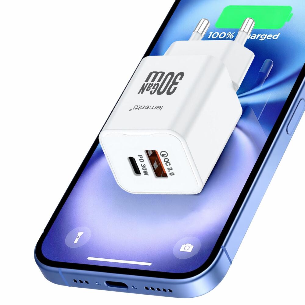 Lemontti Incarcator Retea GaN Dual Port 1x Type-C si 1x USB-A, 30W, EU Plug, Alb [9]