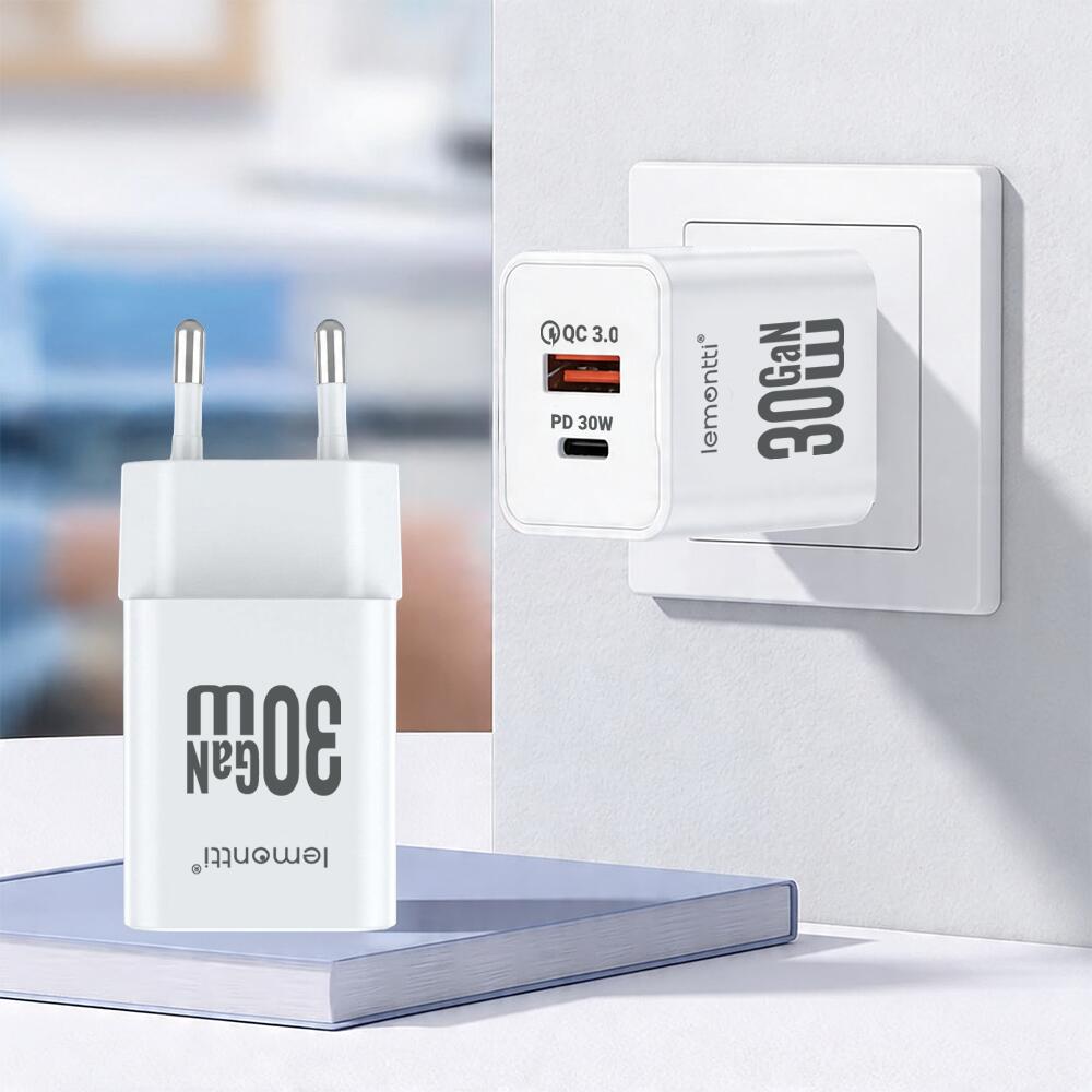 Lemontti Incarcator Retea GaN Dual Port 1x Type-C si 1x USB-A, 30W, EU Plug, Alb [13]