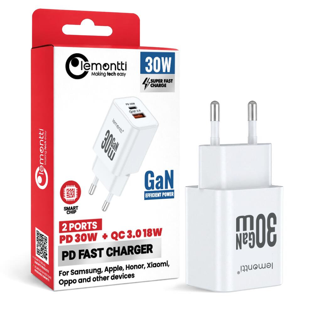 Lemontti Incarcator Retea GaN Dual Port 1x Type-C si 1x USB-A, 30W, EU Plug, Alb [15]