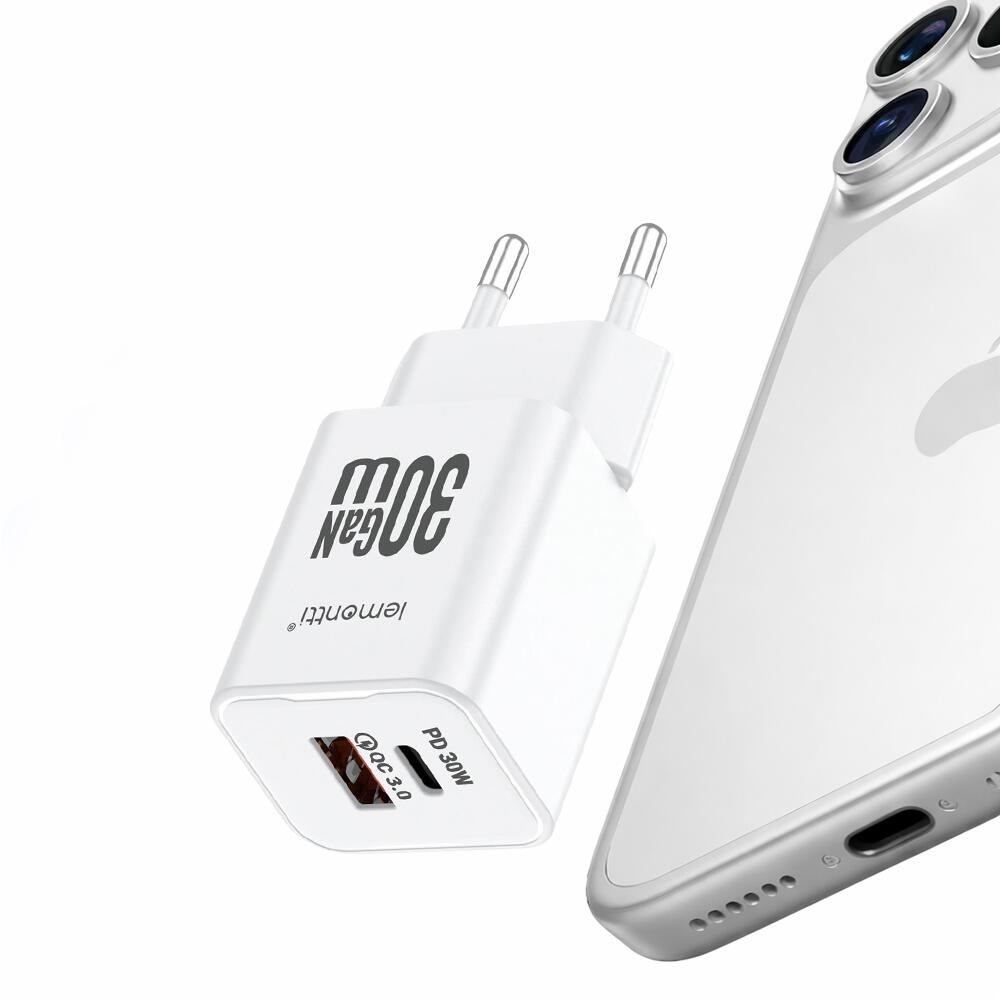 Lemontti Incarcator Retea GaN Dual Port 1x Type-C si 1x USB-A, 30W, EU Plug, Alb [6]