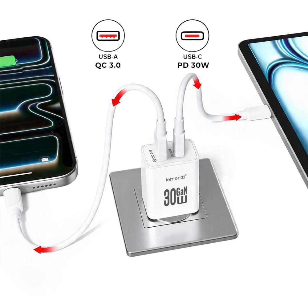 Lemontti Incarcator Retea GaN Dual Port 1x Type-C si 1x USB-A, 30W, EU Plug, Alb [7]