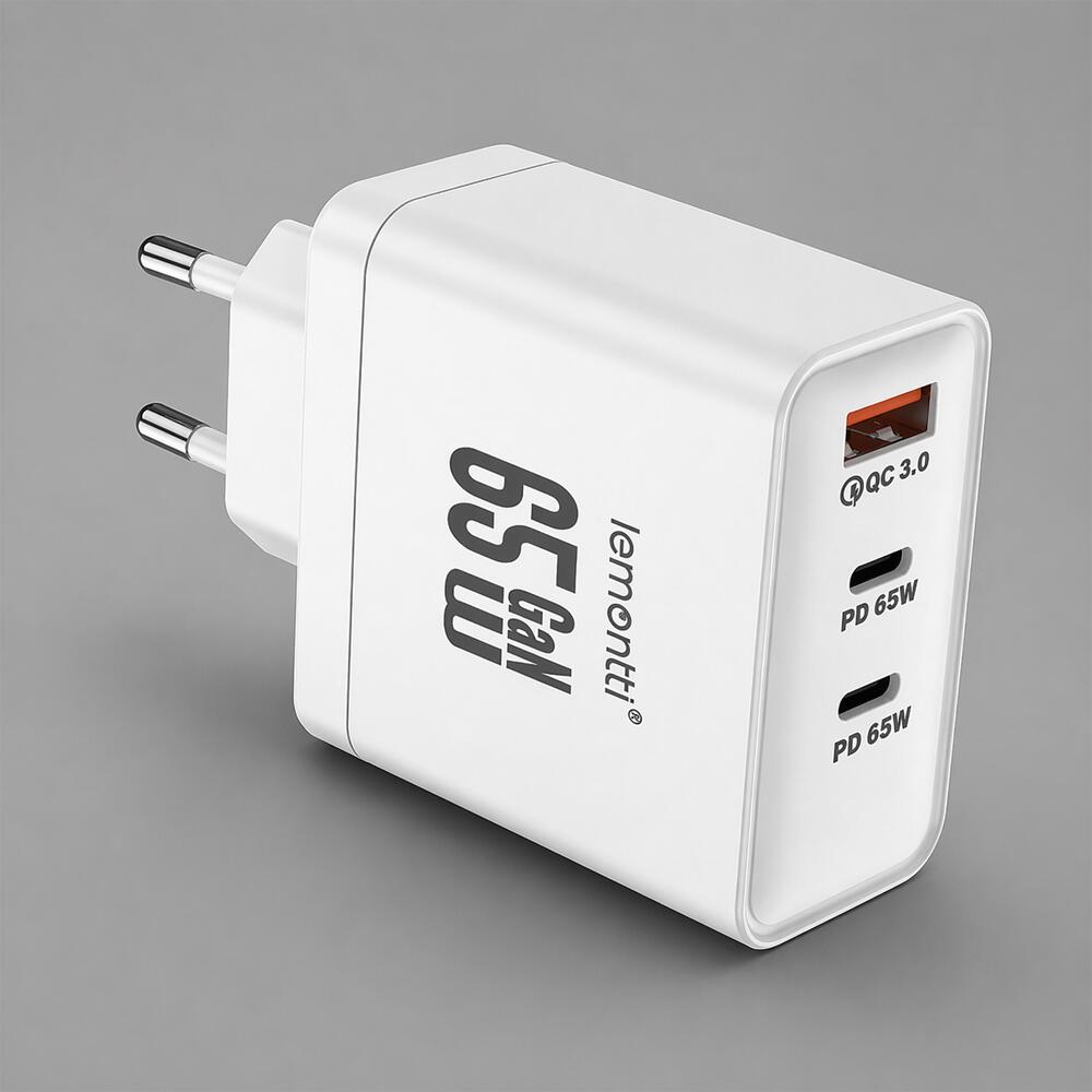 Lemontti Incarcator Retea GaN 2x Type-C si 1x USB-A, 65W, Fast Charge, EU Plug, Alb [6]