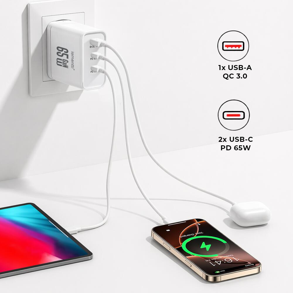 Lemontti Incarcator Retea GaN 2x Type-C si 1x USB-A, 65W, Fast Charge, EU Plug, Alb [8]