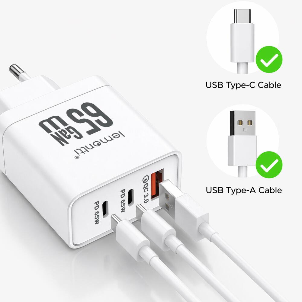 Lemontti Incarcator Retea GaN 2x Type-C si 1x USB-A, 65W, Fast Charge, EU Plug, Alb [10]