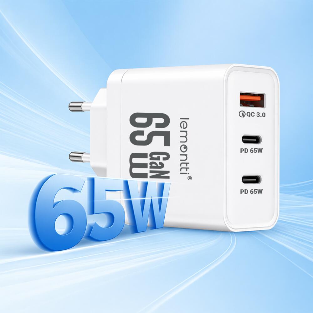 Lemontti Incarcator Retea GaN 2x Type-C si 1x USB-A, 65W, Fast Charge, EU Plug, Alb [15]