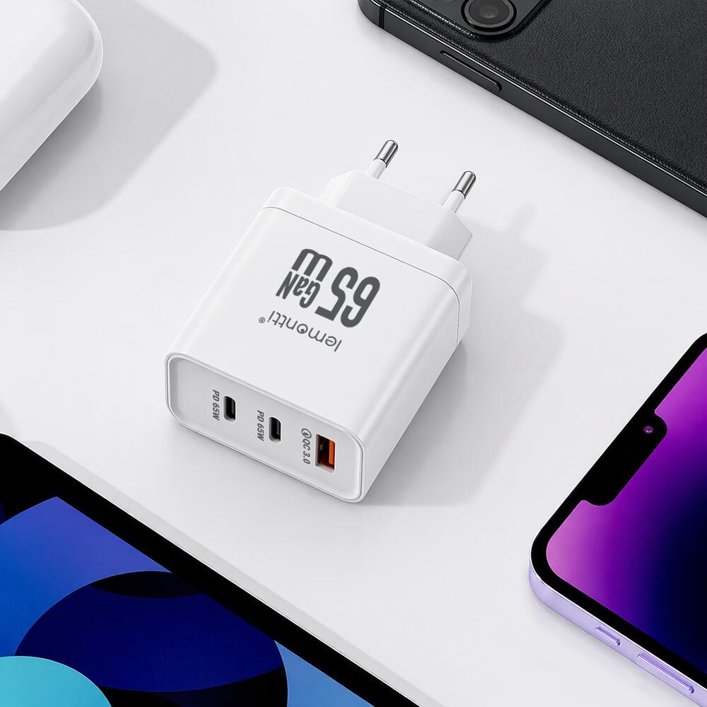 Lemontti Incarcator Retea GaN 2x Type-C si 1x USB-A, 65W, Fast Charge, EU Plug, Alb [13]