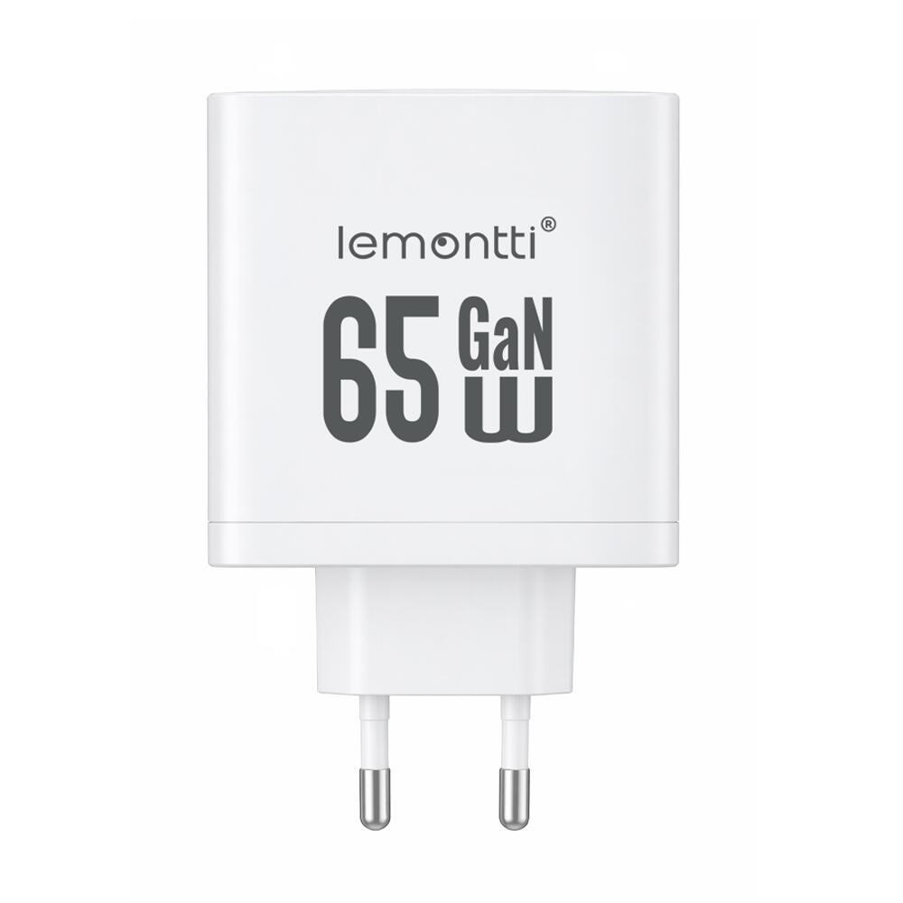 Laptop, Tablete & Telefoane - Lemontti Incarcator Retea GaN 2x Type-C si 1x USB-A, 65W, Fast Charge, EU Plug, Alb