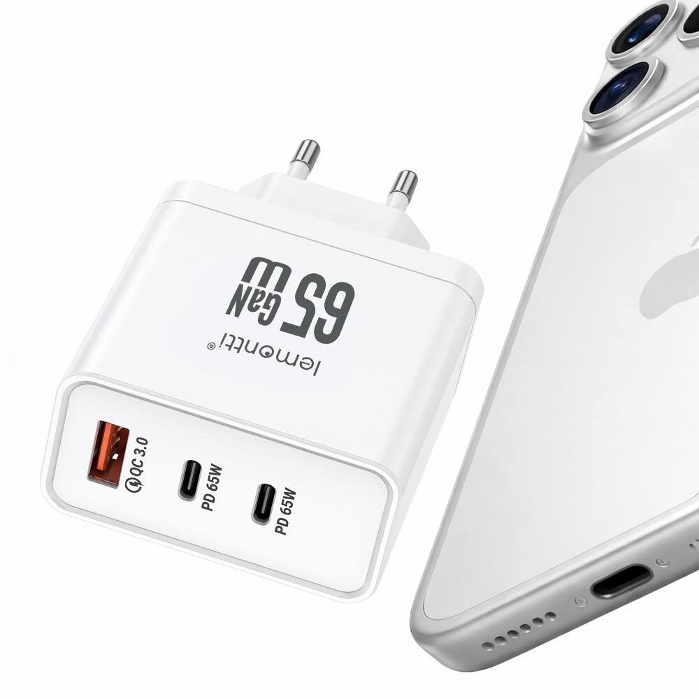 Lemontti Incarcator Retea GaN 2x Type-C si 1x USB-A, 65W, Fast Charge, EU Plug, Alb [7]
