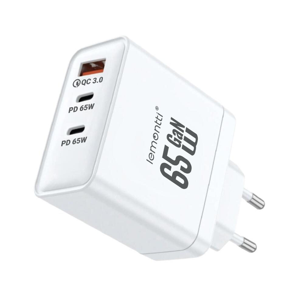 Lemontti Incarcator Retea GaN 2x Type-C si 1x USB-A, 65W, Fast Charge, EU Plug, Alb [1]