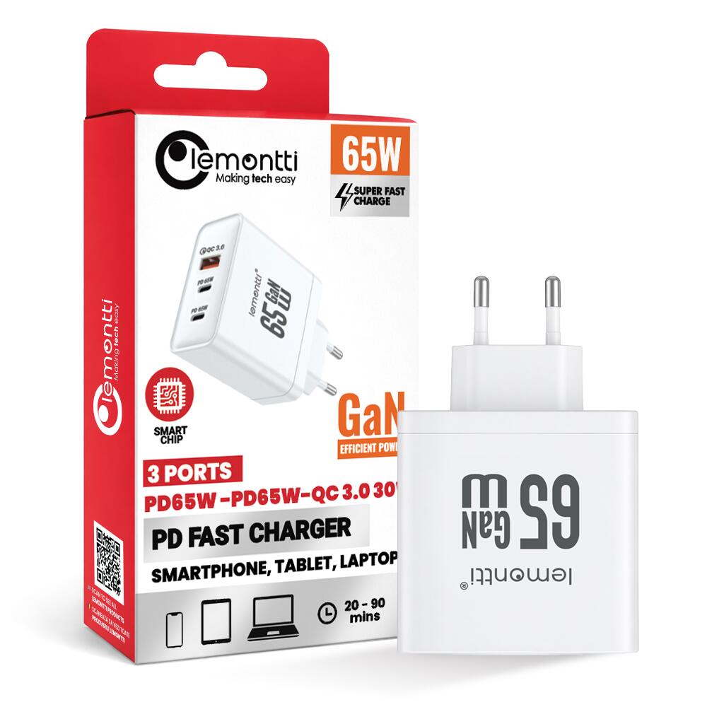 Lemontti Incarcator Retea GaN 2x Type-C si 1x USB-A, 65W, Fast Charge, EU Plug, Alb [17]