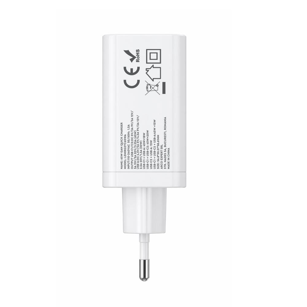 Lemontti Incarcator Retea GaN 2x Type-C si 1x USB-A, 65W, Fast Charge, EU Plug, Alb [2]