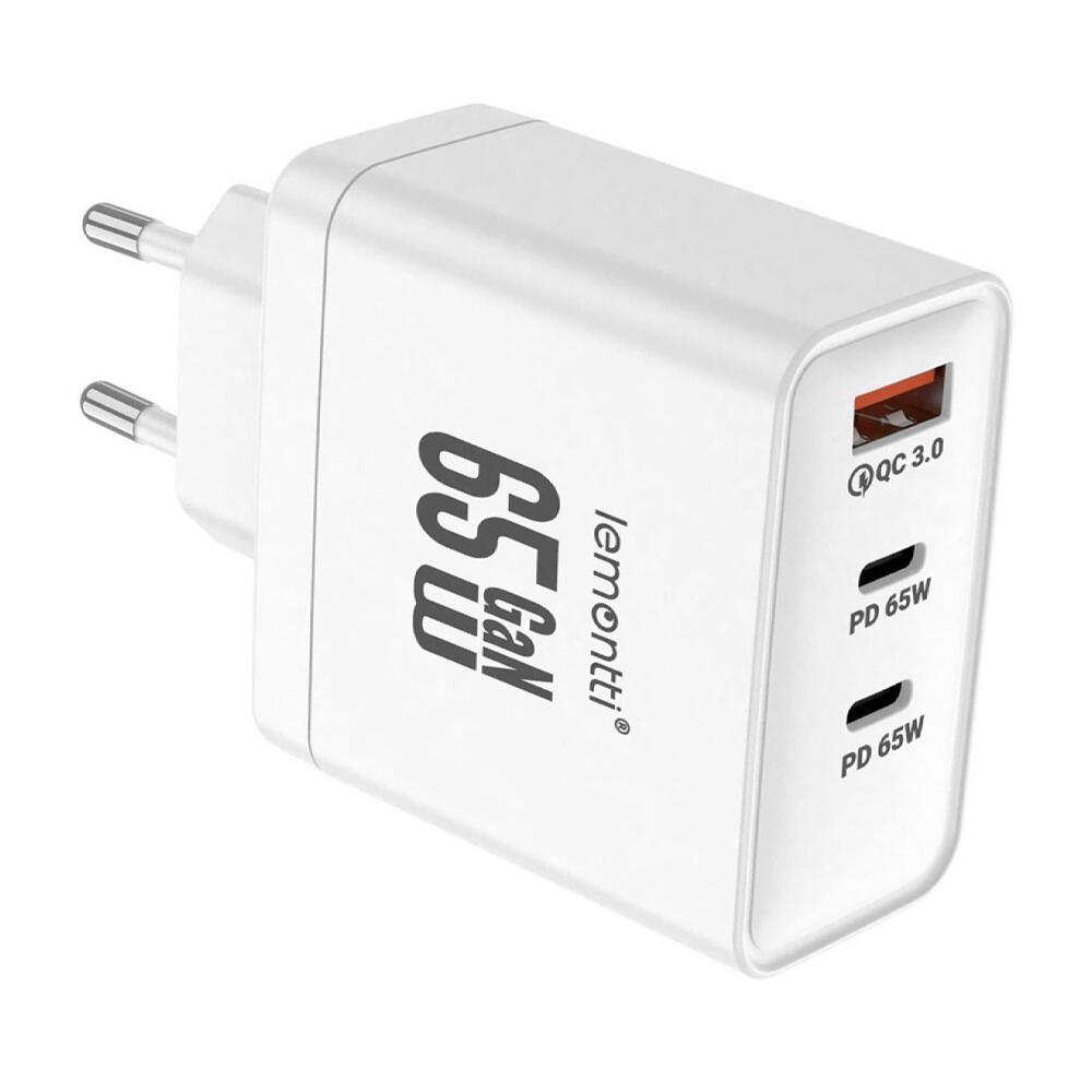 Lemontti Incarcator Retea GaN 2x Type-C si 1x USB-A, 65W, Fast Charge, EU Plug, Alb [18]