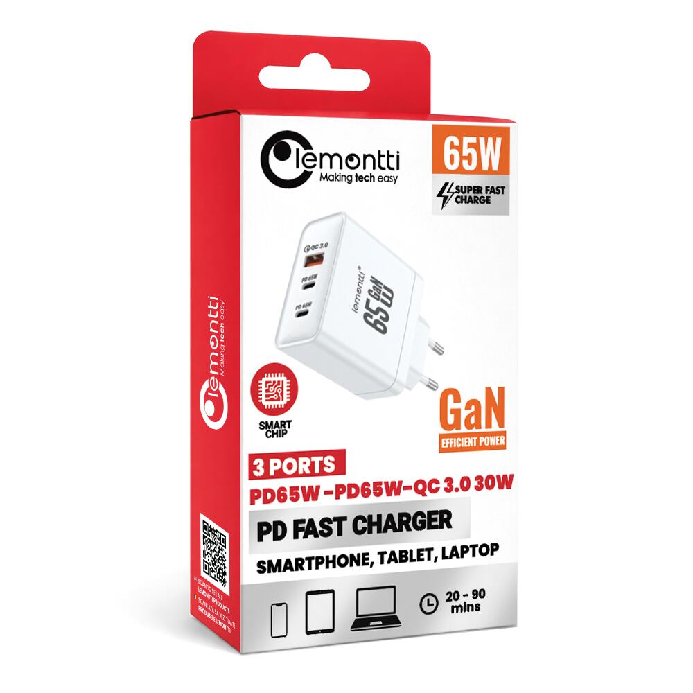 Lemontti Incarcator Retea GaN 2x Type-C si 1x USB-A, 65W, Fast Charge, EU Plug, Alb [16]