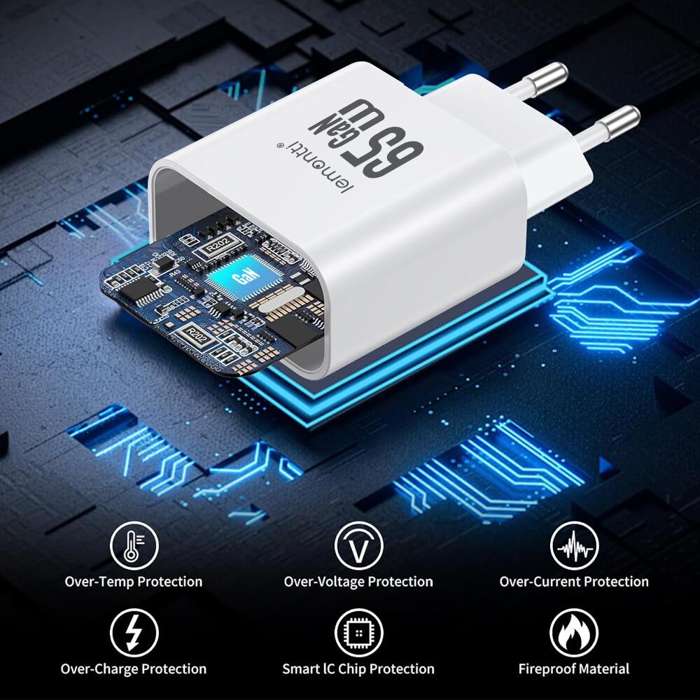 Lemontti Incarcator Retea GaN 2x Type-C si 1x USB-A, 65W, Fast Charge, EU Plug, Alb [9]