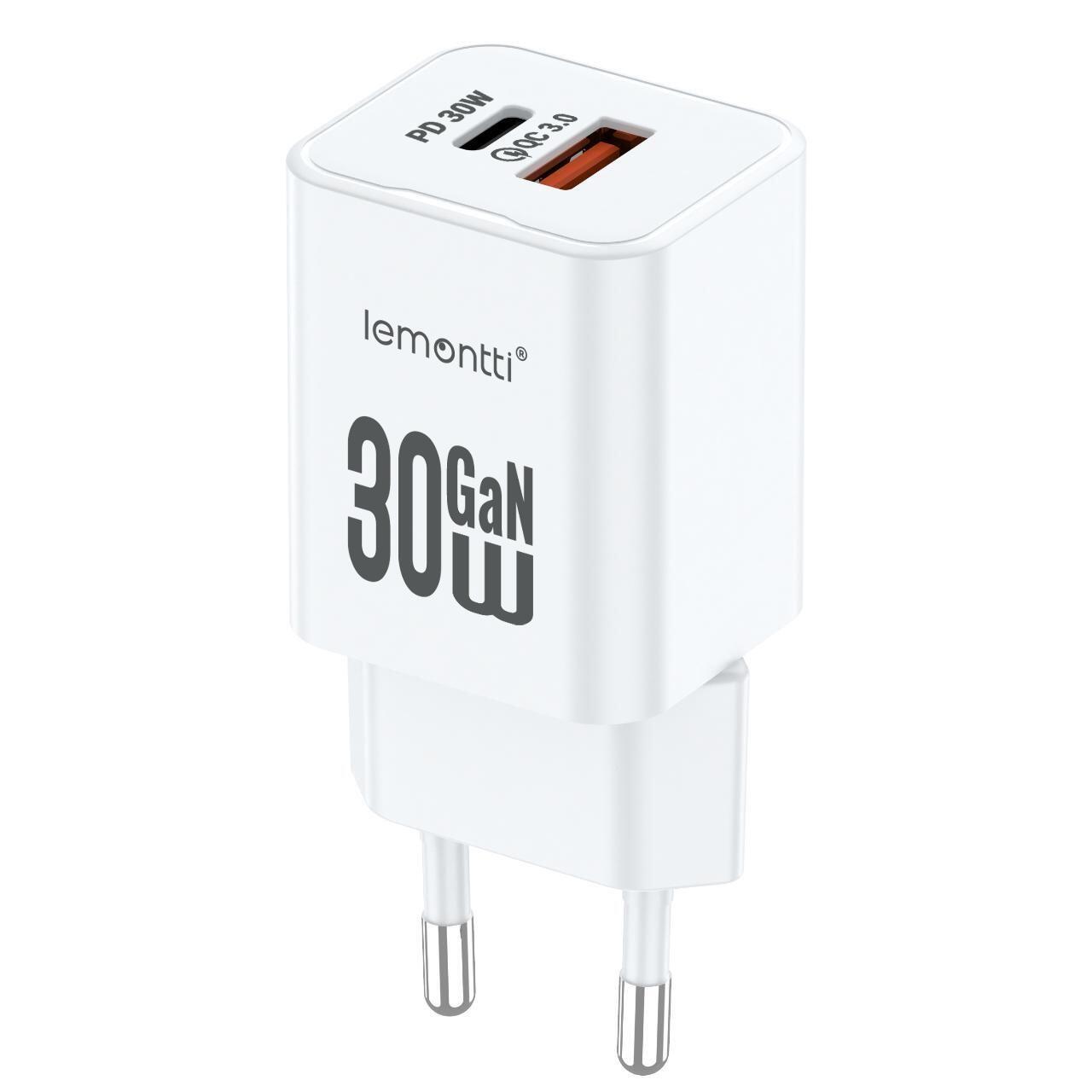 Lemontti Incarcator Retea GaN Dual Port 1x Type-C si 1x USB-A, 30W, EU Plug, Alb [1]