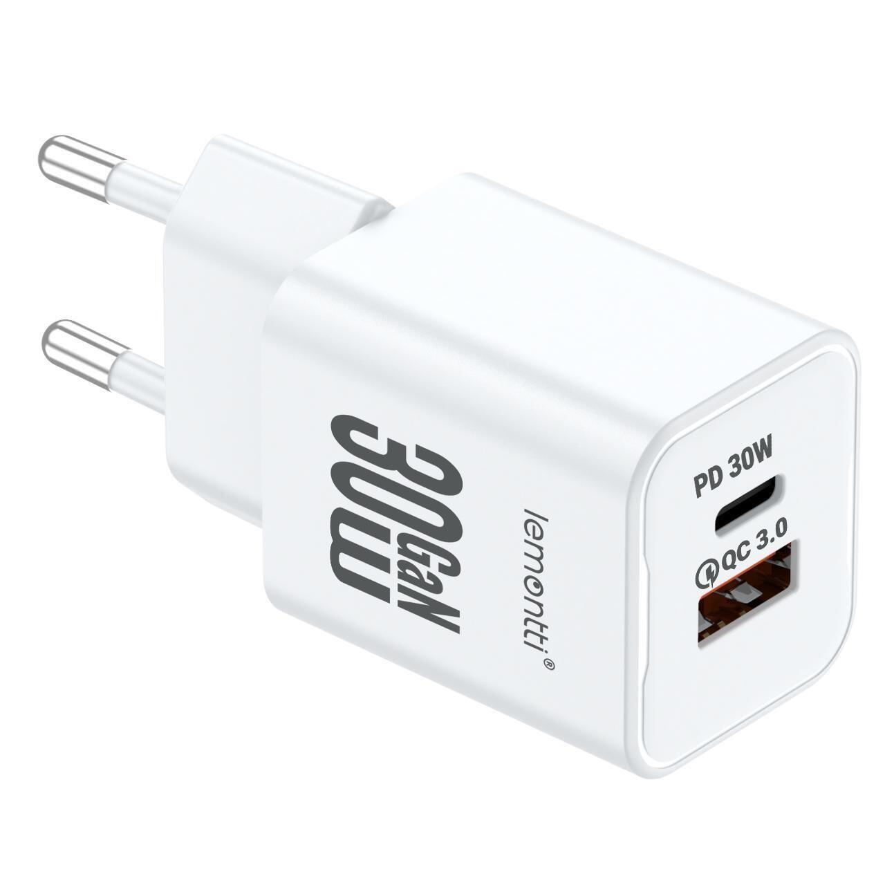 Lemontti Incarcator Retea GaN Dual Port 1x Type-C si 1x USB-A, 30W, EU Plug, Alb [2]