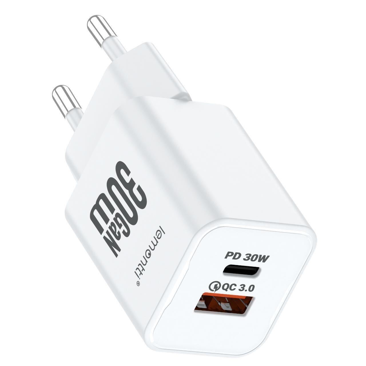 Lemontti Incarcator Retea GaN Dual Port 1x Type-C si 1x USB-A, 30W, EU Plug, Alb [3]