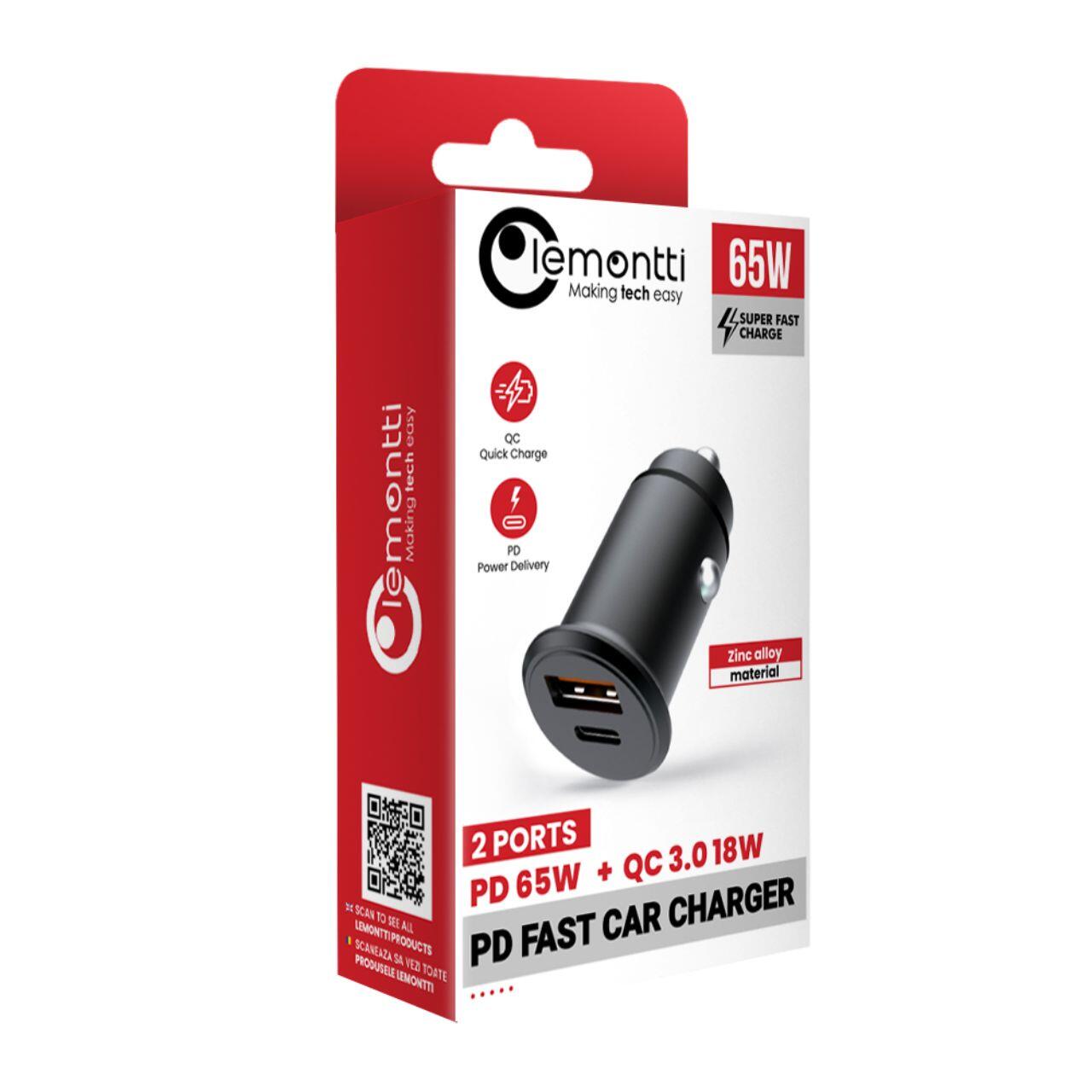 Laptop, Tablete & Telefoane - Lemontti Incarcator Auto Super Fast Charge 65W 2 porturi PD Type-C 65W + USB-A QC 3.0 Negru
