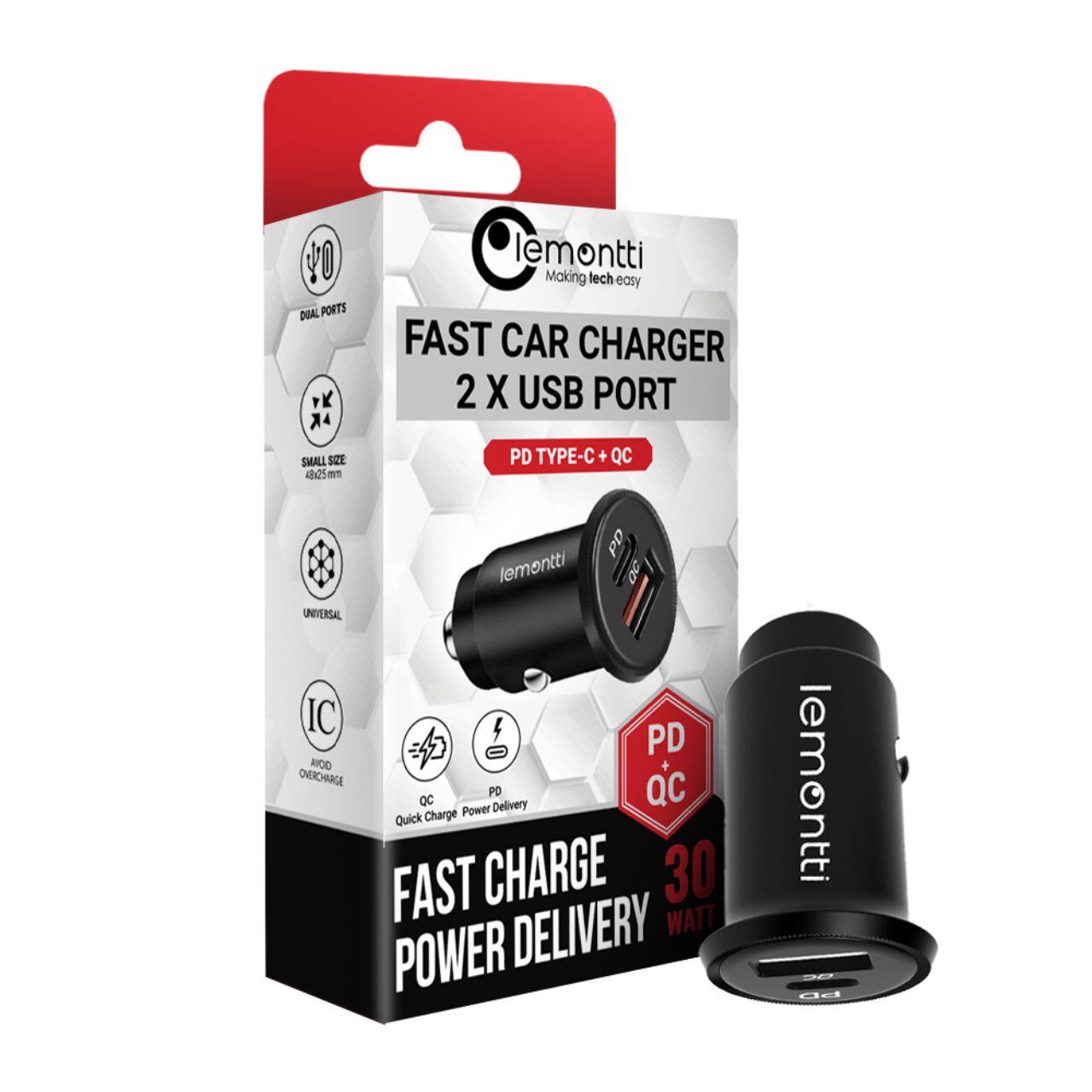 Lemontti Incarcator Auto Fast Charge 30W 5A 2 porturi PD Type C + USB-A QC 3.0,  Negru [7]