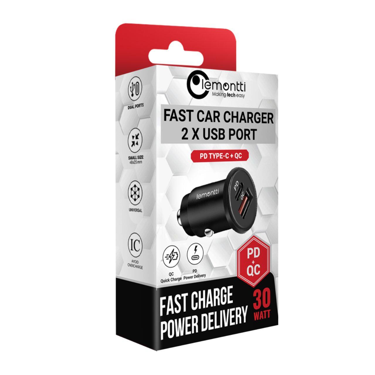 Lemontti Incarcator Auto Fast Charge 30W 5A 2 porturi PD Type C + USB-A QC 3.0,  Negru [8]