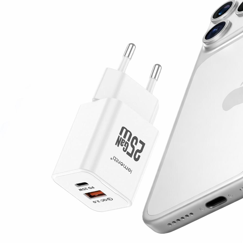 Lemontti Incarcator Retea GaN Dual Port 1x Type-C si 1x USB-A, 25W, EU Plug, Alb [4]