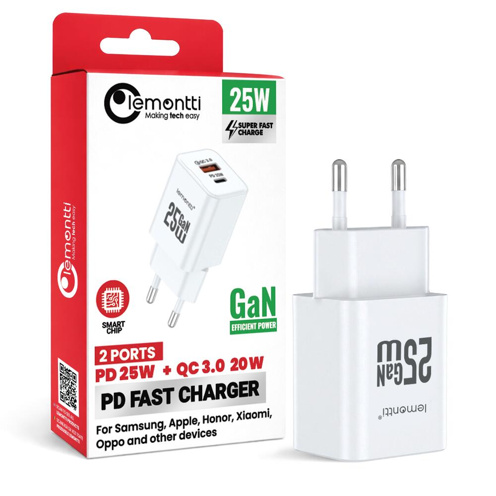 Lemontti Incarcator Retea GaN Dual Port 1x Type-C si 1x USB-A, 25W, EU Plug, Alb [13]