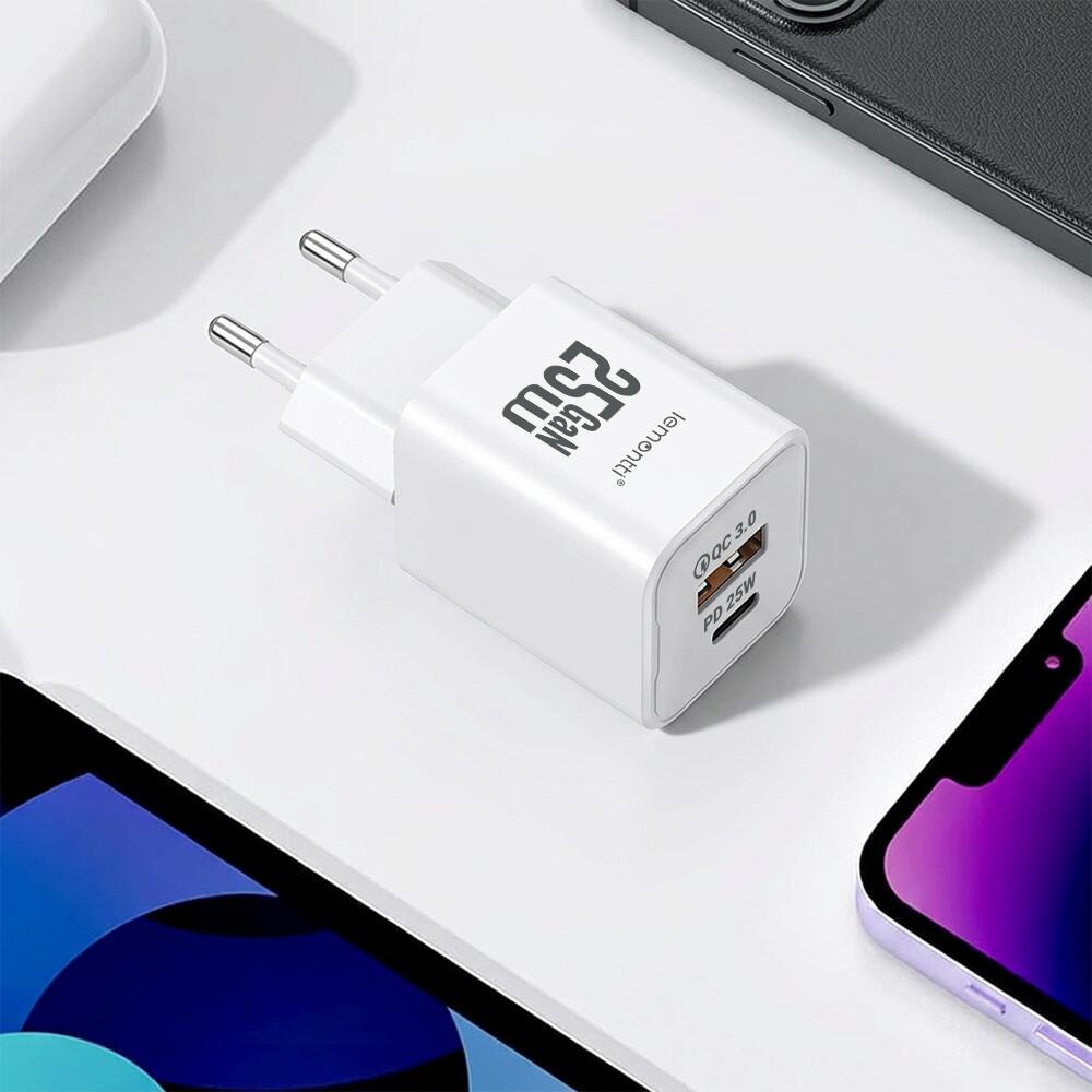 Lemontti Incarcator Retea GaN Dual Port 1x Type-C si 1x USB-A, 25W, EU Plug, Alb [8]