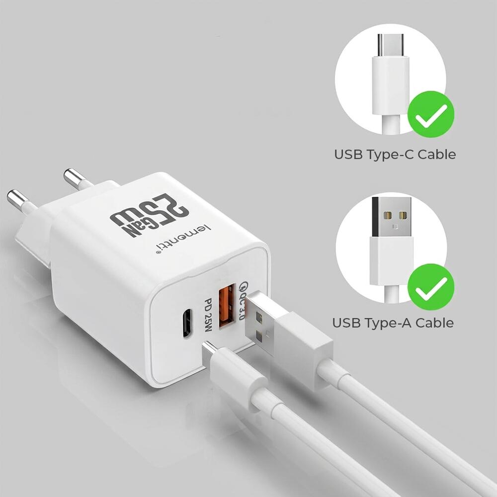 Lemontti Incarcator Retea GaN Dual Port 1x Type-C si 1x USB-A, 25W, EU Plug, Alb [6]